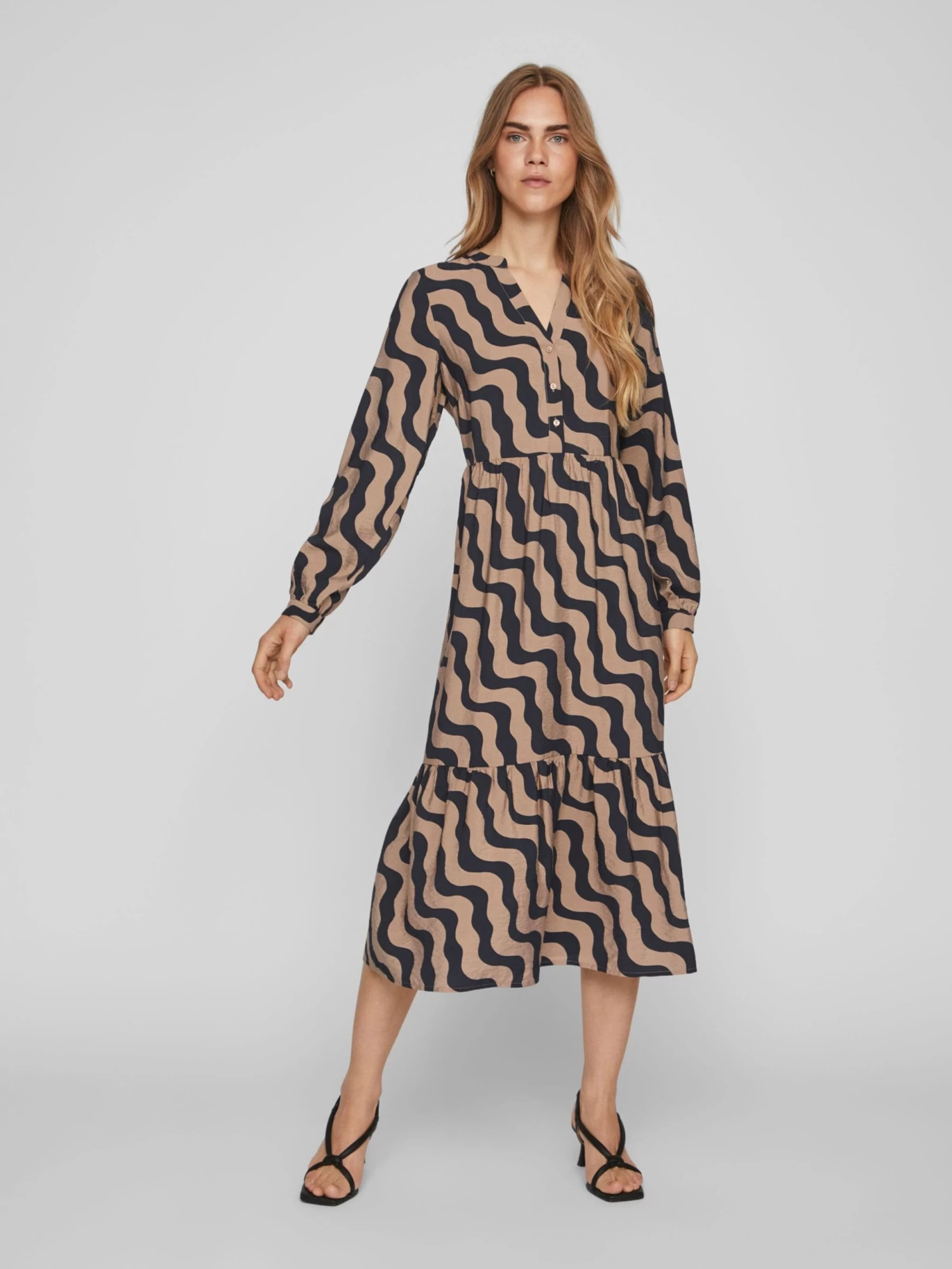 Vila Maxi Jurken Jurk Dames Beige / Navy 5 Vila Maxi Jurken Jurk Dames Beige / Navy - Afbeelding 3