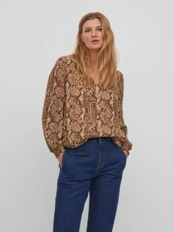 Vila Blouseshirts Blouse Dames Bruin Gemêleerd -Vila ad2c868fddfece2f0a4a38ec852f5781